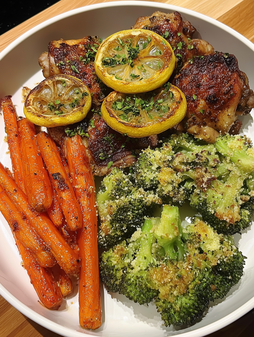 Blackened Lemon Chicken Thighs with Parmesan Roasted Broccoli and Honey-Glazed&nbsp;Carrots