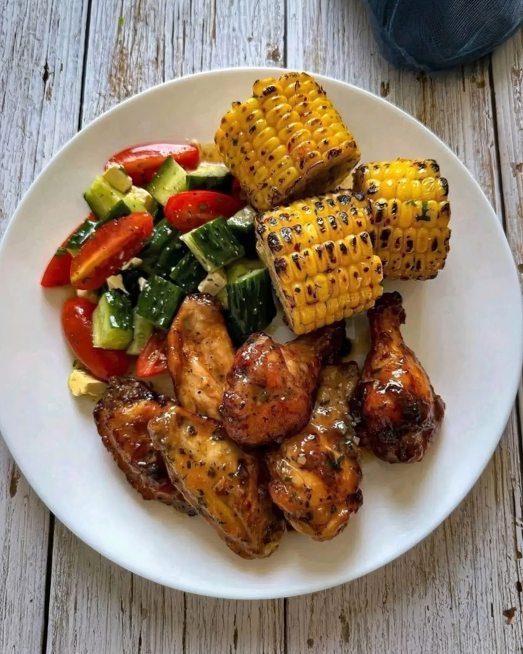 Honey Garlic Chicken Drumsticks with Grilled Corn & Greek&nbsp;Salad
