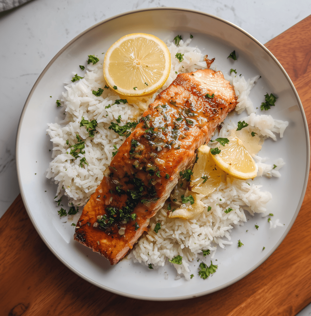 Sticky Garlic Butter Salmon with&nbsp;Rice