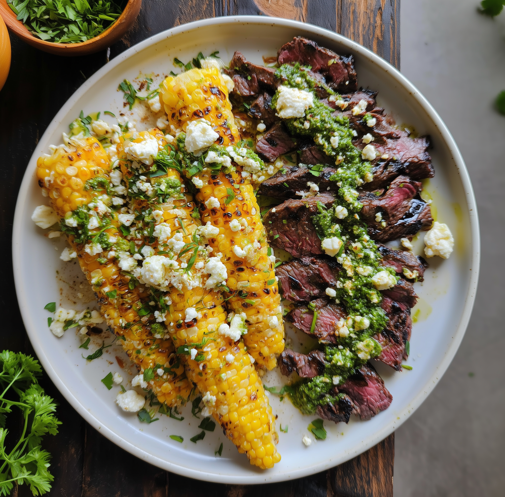 Grilled Flank Steak with Spinach Chimichurri and Fire-Charred&nbsp;Corn