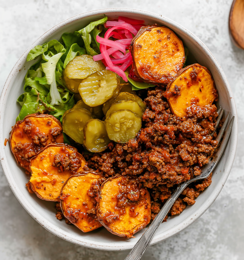 Sloppy Joe Bowls with Sweet Potatoes and&nbsp;Pickles