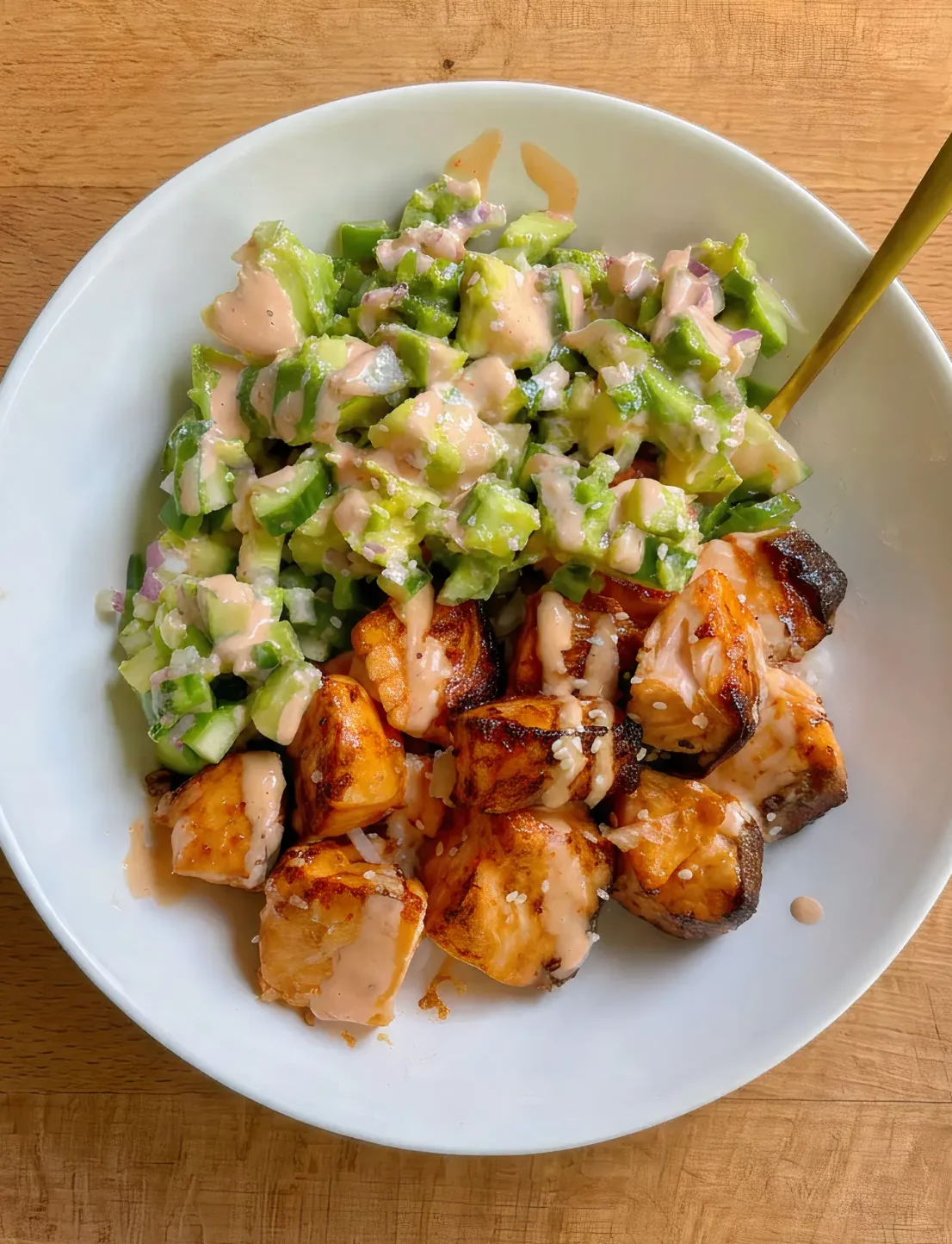 Crispy Salmon with Avocado Cucumber Salsa Bowl